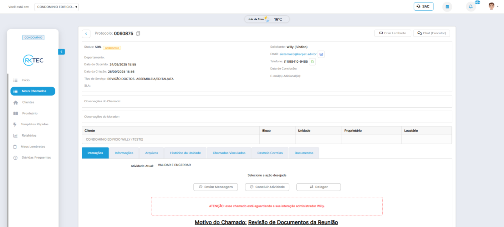 Tela de chamados simples e limpa: